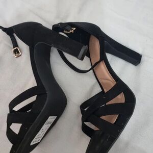 New Look Black Strappy Heels with Gold Buckle